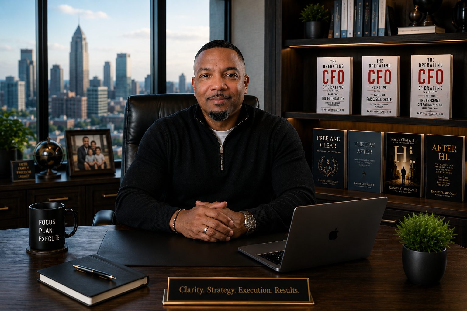 Randy Clinkscale at his desk, with his published titles behind him