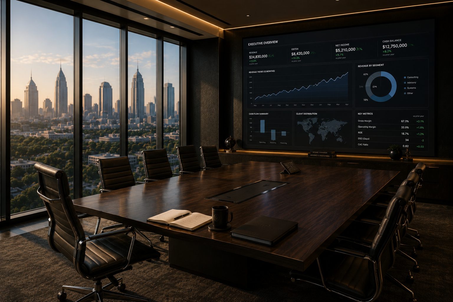 A boardroom with an executive financial dashboard on screen